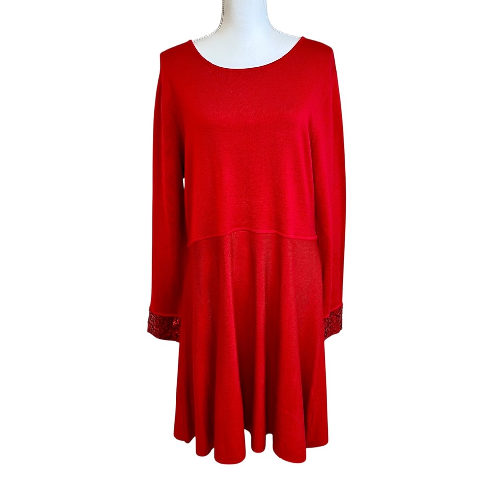 JASON WU Red Sequin Cuff Sweater Dress Sz XXL Long Sleeve Knit Flare Holiday